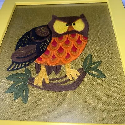 Vintage 70s  Owl Framed Needlepoint Picture Crewel  Embroidery Boho 12x14 MCM • $59.95