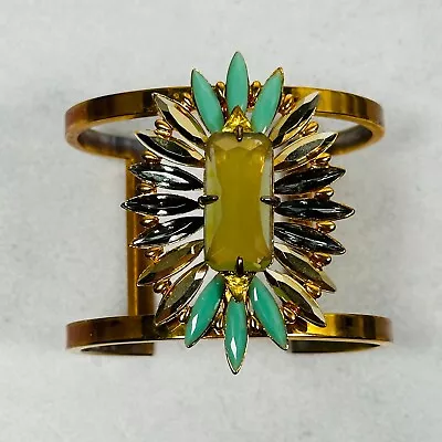 Vince Camuto Bracelet Cuff Crystal Flower Green Gray Wide 2  Gold Tone Jewelry • $9.95