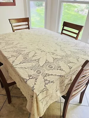 Vintage Cotton Lace Tablecloth Picot Edges Leaf Scroll And Circular Design • $14