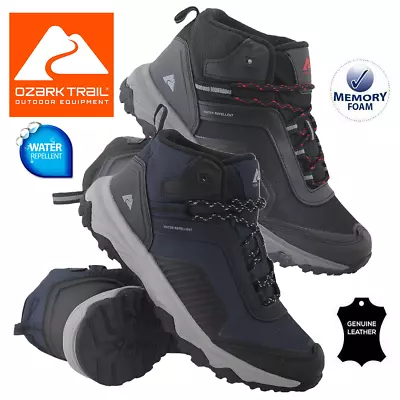 Mens Leather Boot Walking Hiking Water-repellent Memory Foam Ankle Trainers Shoe • £19.95