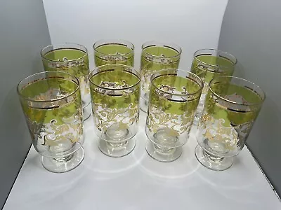 Vintage Set Of 8 Footed Barware Glasses Gold Green Bar Drinkware MCM 6” • $45.99