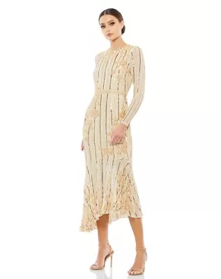 Mac Duggal Long Sleeve Tea Length Dress Nude Gold Size 10 • $239.99