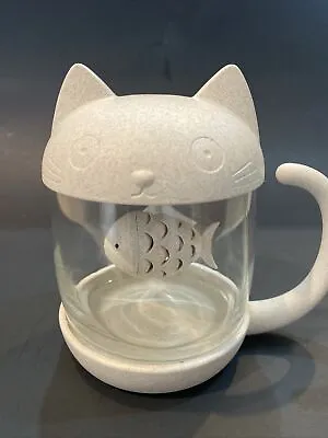 Cat Glass Cup Tea Mug With Fish Tea Infuser Strainer 10 Oz With Lid • $8.99