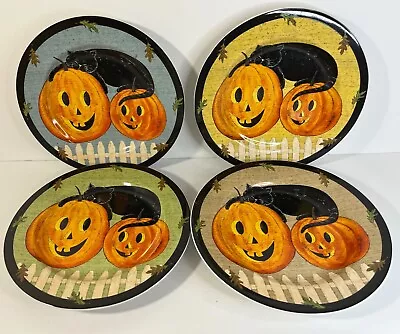 Sakura Pumpkin Dreams Warren Kimble Jack O Lantern Black Cat Plates - Set Of 4 • $16