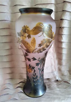$179.99 • Buy Galle Inspired Vase Art Nouveau Pink Glass Etched Embossed Cameo Butterflies 13 