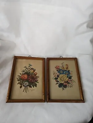 Pair Of Vintage Floral Pictures In Bamboo Style Frames - Carle & Prevost • $40