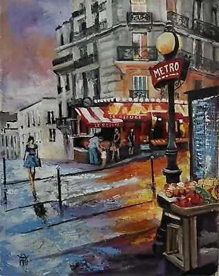 YARY DLUHOS Paris France People Metro Street Cafe Evening Original Oil Painting • $365