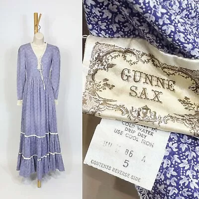 1970s Gunne Sax Purple And White Tiny Floral Print Prairie Dress • $149
