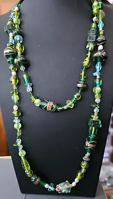 Vintage 2 Strand  Murano Green Glass Beaded Necklace     20  - 28  • $34