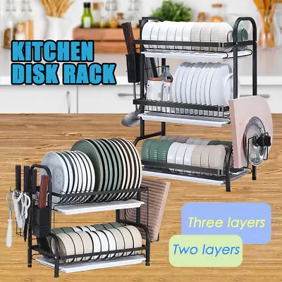 2/3 Tier Kitchen Dish Rack Plate Cup Drying Drainer Tray Cutlery Holder Storage • $37.99