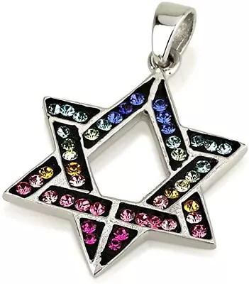 Star Of David Pendant Multi Colors Gemstones + Sterling Silver Necklace #12 • $56.21