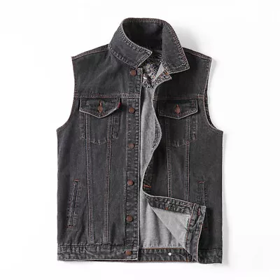Mens Denim Vest Jean Vest Denim Motorcycle Black Blue Biker Plus Size Sleeveless • $52.24