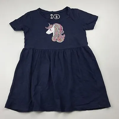 $4.15 • Buy Girls Size 3, KID, Navy Cotton Casual Dress, Unicorn, FUC