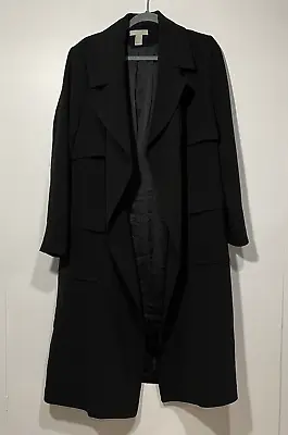 H&M Womens Black Long Trenchcoat Size 14 Goth Lined Pockets No Belt Ominous • $24.98