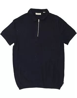 JACK & JONES Mens Zip Neck Polo Shirt Large Navy Blue Cotton AV03 • £15.95