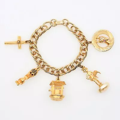 Vintage OBCO Sarah Coventry Chunky Gold Toned Charm Bracelet With Charms 1960s • $36