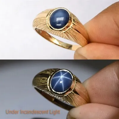 3.25ct 6 Rays Dark Blue Star Sapphire Men Ring Solid 14K Yellow Gold Size 10US • $515.60