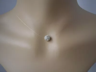 Silver Pave Crystal Diamante Disco Ball Floating Illusion Necklace Handmade • £10.99