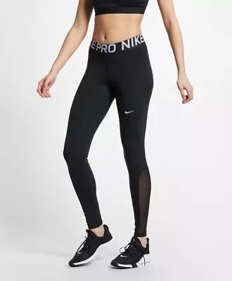 Nike Pro Dri Fit Leggings Womens XS Black Logo Waistband Mesh Sheer Tight Mid • $22