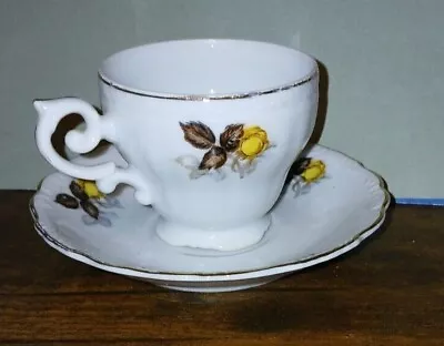 Vintage Demitasse Tea Cup Saucer Set White Porcelain Yellow Rose With Gold Rim  • $5.99