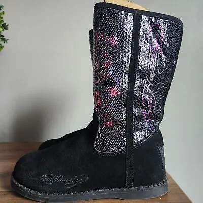 Ed Hardy Shearling Boots Winter Suede Faux Fur Lined Skull Roses Womens Sz 7 • $60