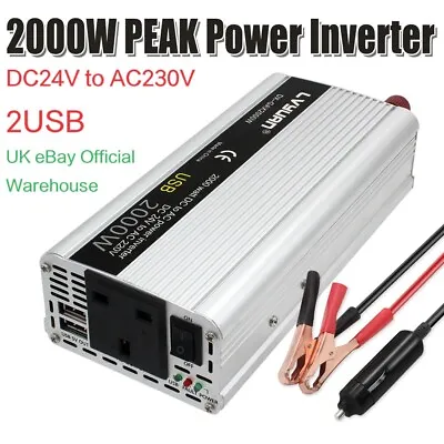 2000W Peak Power Inverter Converter DC 24V To AC 230V 2USB Lorry Charge Adapter • £34.99