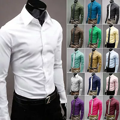 Mens Dress Casual Long Sleeve Slim Fit Work Formal Wedding Business Shirt Top • £15.19