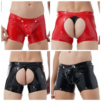 Men Patent Leather Wetlook Open Butt Crotchless Boxer Shorts Hot Pants Underwear • £16.50