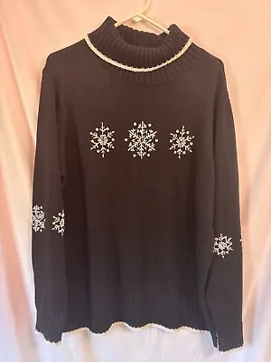 Quacker Factory Turtleneck Sweater Black Snowflake Embroidered Plus Size 2x • $24.95