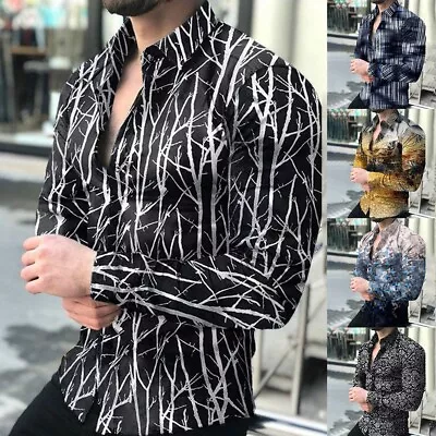 Stylish Printed Muscle Fit Long Sleeve Shirt For Men's Casual Party Dress • £23.59