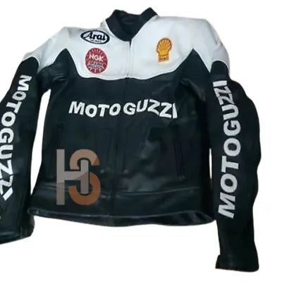 New Men's Black & White Motorcycle MotoGuzzi Racing Cowhide Leather Biker Jacket • $159.99