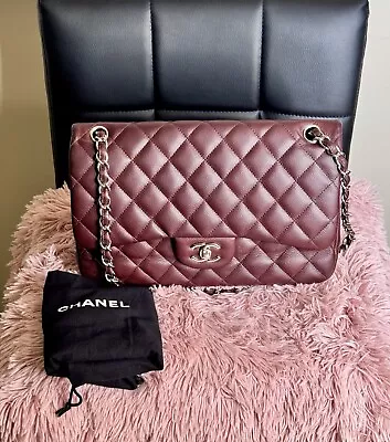 CHANEL Classic Quilted Jumbo Double Flap Caviar Leather Shoulder Bag Burgundy • $3500