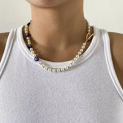 $2.14 • Buy Fashion Evil Eye Necklace Pearl Chain Clavicle Beaded Women Men Jewellery Gift