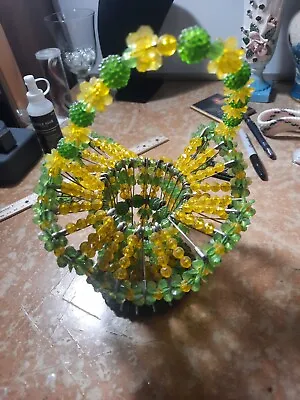 VINTAGE Retro MCM Safety Pin Beads Floral Flower Basket Art - Yellow/green • $21.95
