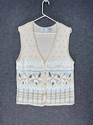 Vintage Chandler Hill Knit Vest Embroidered Sweater Vest Women's M Ivory Blue • $11.99