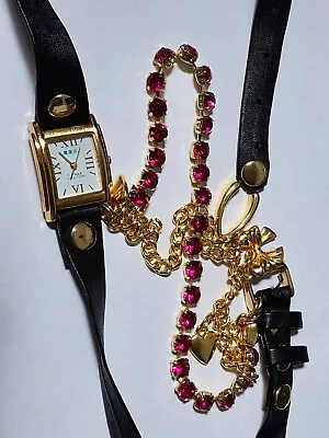 LA MER Collections Black Gold Pink Gem Wrap Around Leather Band Wanderlust Watch • $8.99