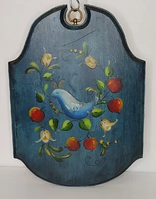 Vintage Folk Art Wood Wall Plaque Bird Berries Handpainted 15 3/4  • $26.99