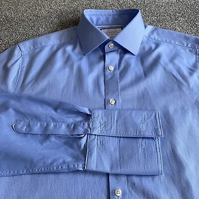 Charles Tyrwhitt Egyptian Cotton Shirt Mens 16 Slim Blue Double Cuff 34” Sleeve • £24