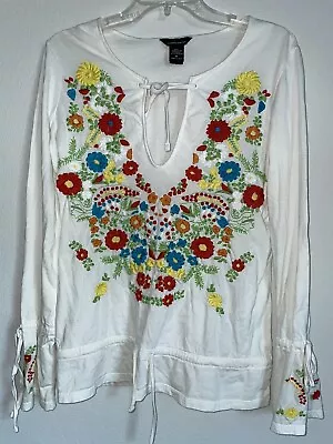 Moda International Multicolor Floral Embroidered Peasant Boho White Blouse Med. • $29