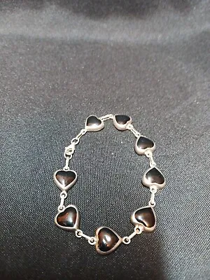 Vintage Sterling Silver Black Onyx Heart Link Bracelet Mexico 8  • $54.95