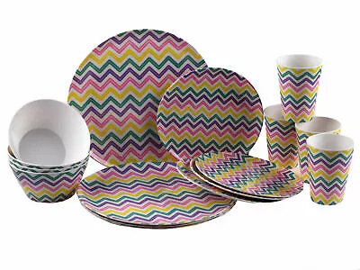 16-Piece Melamine Dinner Set Striped Crockery Plates Bowls & Tumbler/Cups For 4 • £39.99