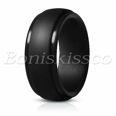 Men's Black Polish 9mm Silicone Wedding Ring Band Rubber Promise Engagement • $8.99