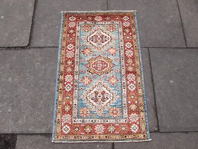 Fine Vintage Hand Made Traditional Kazak Oriental Wool Blue Small Rug 95x62cm • £175