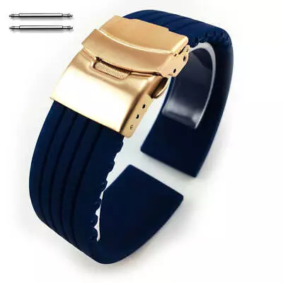 Blue Rubber Silicone Watch Band Strap Rose Gold Double Locking Clasp #4015RG • $14.95