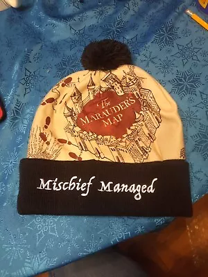 Harry Potter Marauders Map Beanie Mischief Managed Hat Cap Cuff Pom Wizard World • $6.99