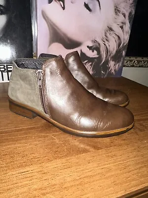 NAOT Helm Pecan Brown Leather/Tan Suede Booties Womens Size 38 US 7-7.5 • $19