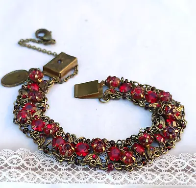 Michal Negrin Bracelet Deep Red Wide Dainty Flowers Beads & Swarovski Crystals • $87.20