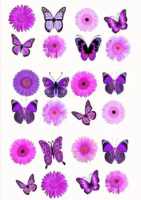 Magenta Pink Mixed Butterflies & Flowers Edible Cupcake Toppers Decorations • £4.99