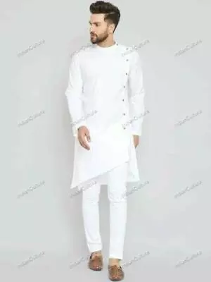 Mens Kurta White Cotton Kurta Mens Indian Clothes Fashion Shirt Traditional • £16.98