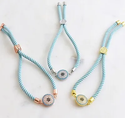 Evil Eye Rose Gold Silver Gold Blue Rope Bracelet Zirconia Adjustable Bracelet • $14.95